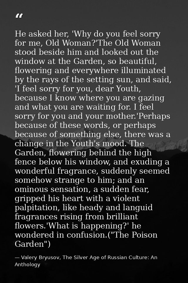 He asked her, 'Why do you feel sorry for me, Old Woman?'The Old Woman stood beside him and looked out the window at the  — Valery Bryusov, The Silver Age of Russian Culture: An Anthology