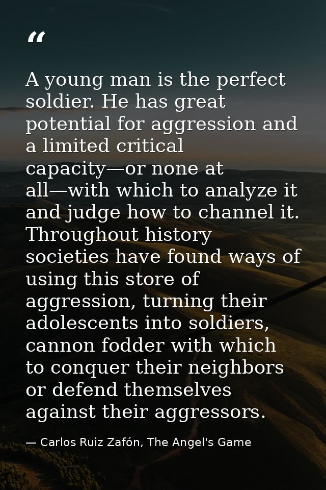 A young man is the perfect soldier. He has great potential for aggression and a limited critical capacity—or none at all — Carlos Ruiz Zafón, The Angel's Game