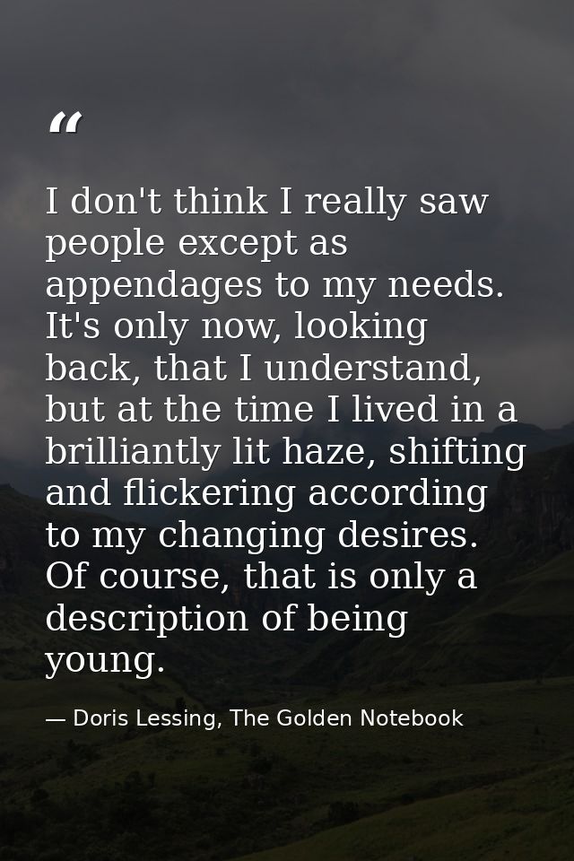 I don't think I really saw people except as appendages to my needs. It's only now, looking back, that I understand, but  — Doris Lessing, The Golden Notebook