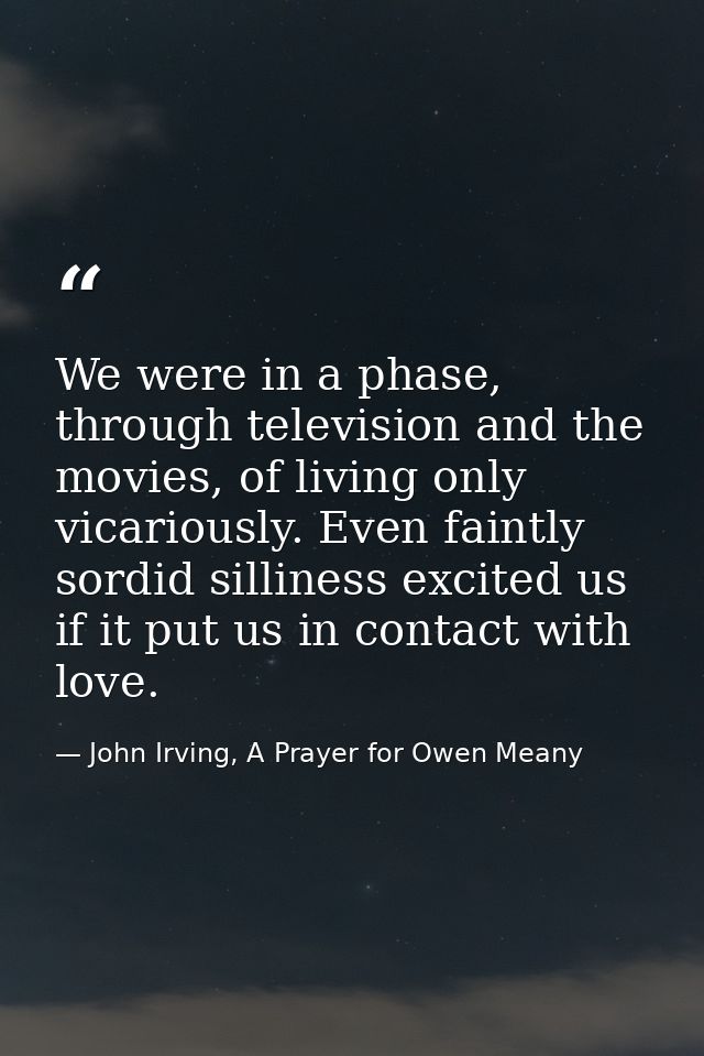 We were in a phase, through television and the movies, of living only vicariously. Even faintly sordid silliness excited — John Irving, A Prayer for Owen Meany