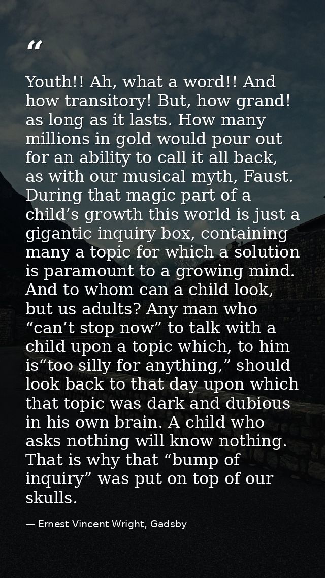 Youth!! Ah, what a word!! And how transitory! But, how grand! as long as it lasts. How many millions in gold would pour  — Ernest Vincent Wright, Gadsby