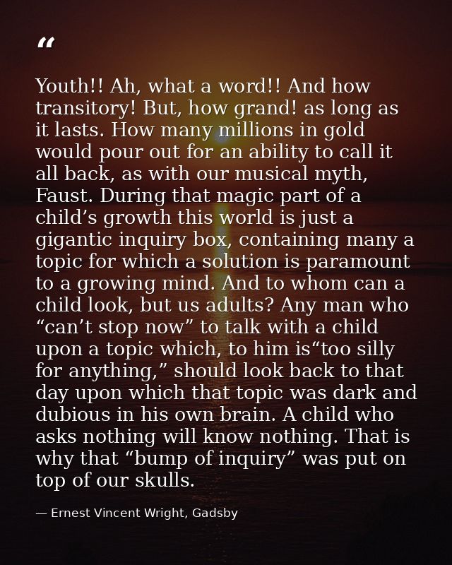 Youth!! Ah, what a word!! And how transitory! But, how grand! as long as it lasts. How many millions in gold would pour  — Ernest Vincent Wright, Gadsby