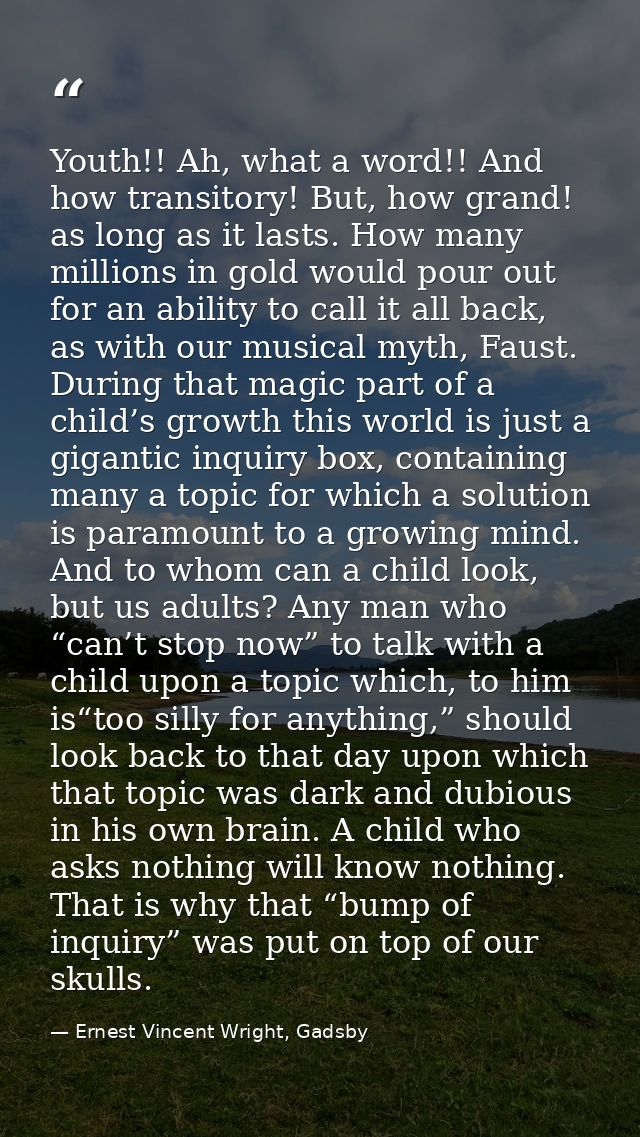 Youth!! Ah, what a word!! And how transitory! But, how grand! as long as it lasts. How many millions in gold would pour  — Ernest Vincent Wright, Gadsby