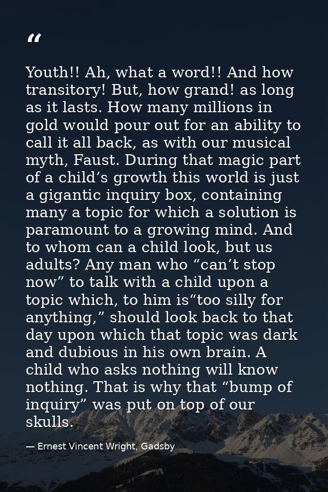 Youth!! Ah, what a word!! And how transitory! But, how grand! as long as it lasts. How many millions in gold would pour  — Ernest Vincent Wright, Gadsby