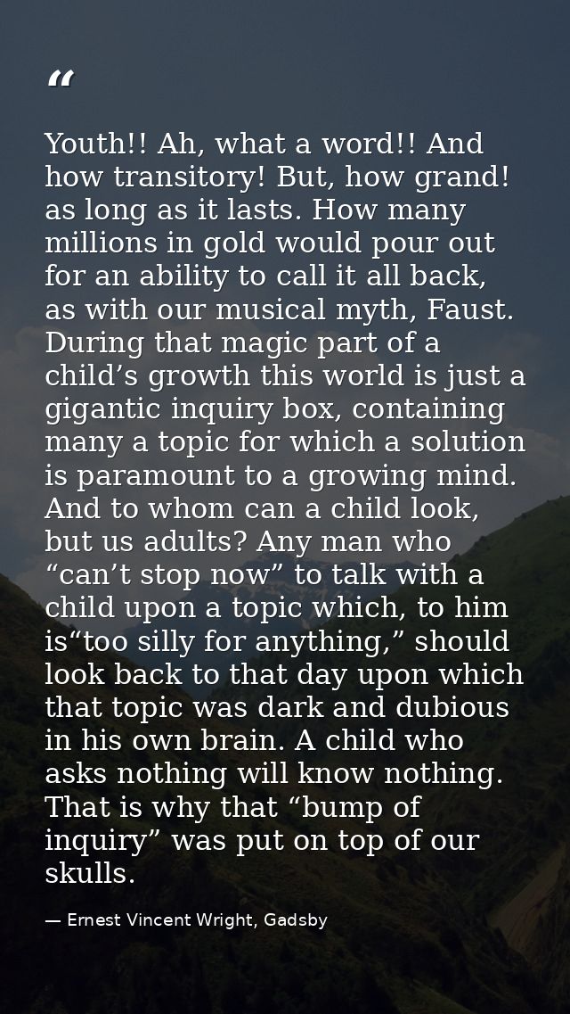 Youth!! Ah, what a word!! And how transitory! But, how grand! as long as it lasts. How many millions in gold would pour  — Ernest Vincent Wright, Gadsby