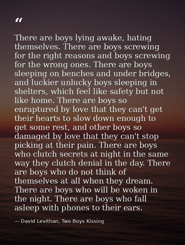 There are boys lying awake, hating themselves. There are boys screwing for the right reasons and boys screwing for the w — David Levithan, Two Boys Kissing
