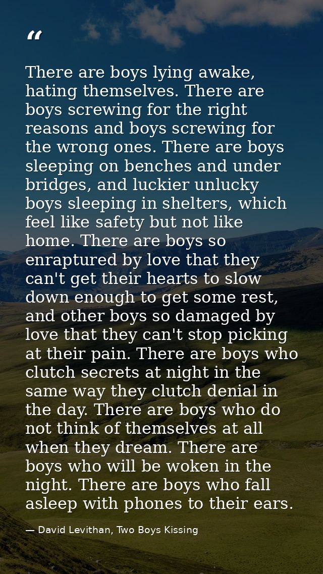 There are boys lying awake, hating themselves. There are boys screwing for the right reasons and boys screwing for the w — David Levithan, Two Boys Kissing