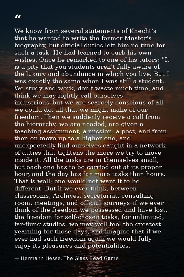 We know from several statements of Knecht's that he wanted to write the former Master's biography, but official duties l — Hermann Hesse, The Glass Bead Game