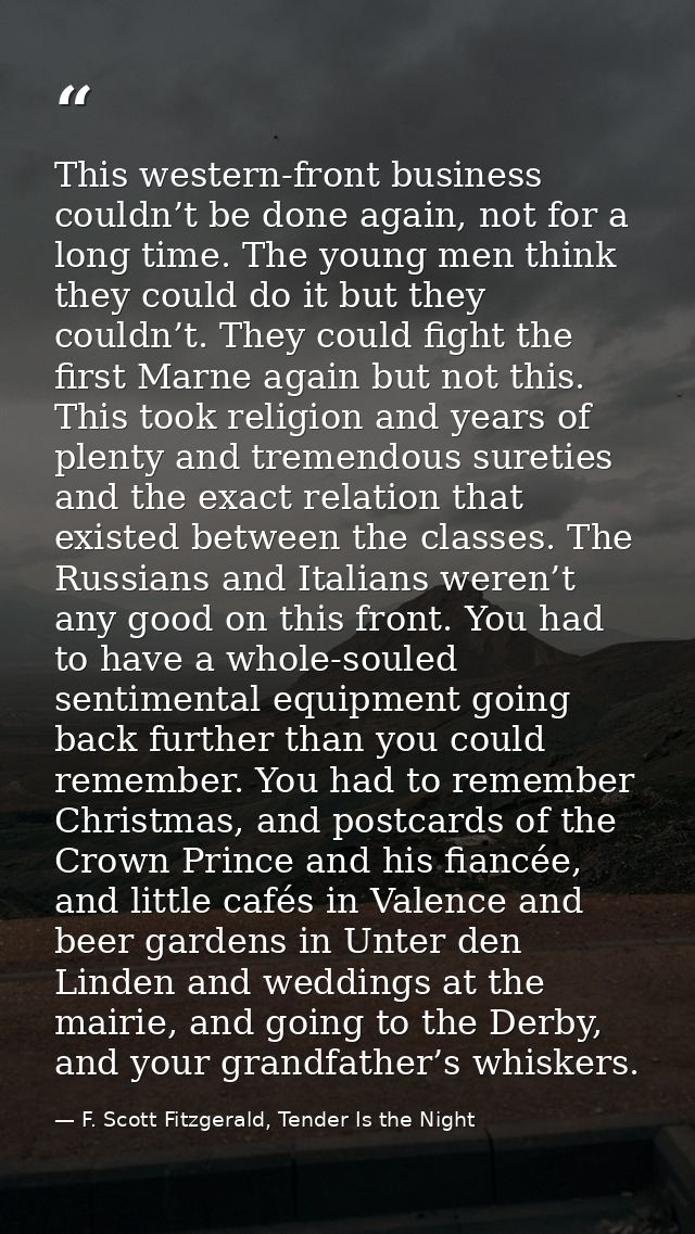 This western-front business couldn’t be done again, not for a long time. The young men think they could do it but they c — F. Scott Fitzgerald, Tender Is the Night
