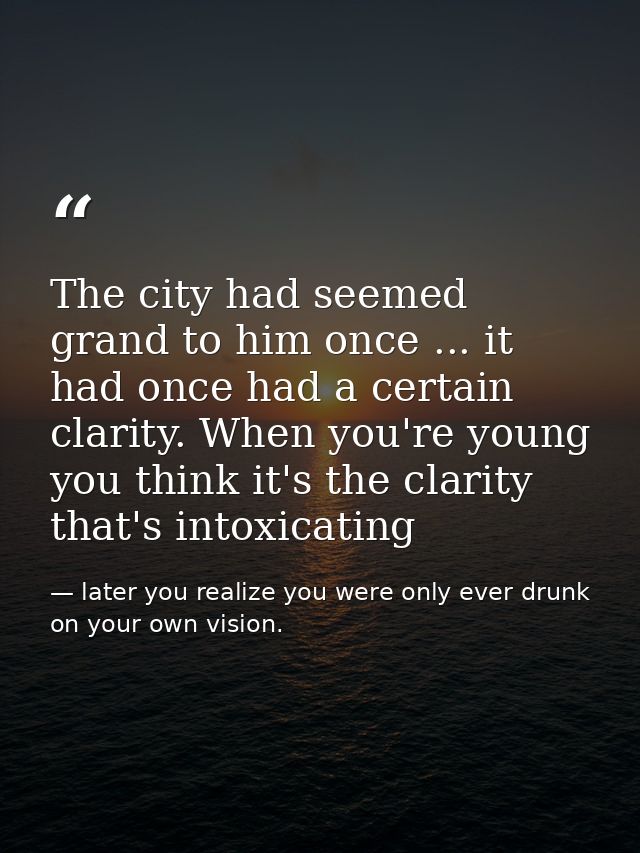 The city had seemed grand to him once ... it had once had a certain clarity. When you're young you think it's the clarit — later you realize you were only ever drunk on your own vision.