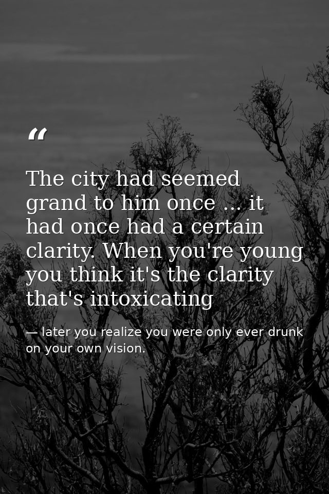 The city had seemed grand to him once ... it had once had a certain clarity. When you're young you think it's the clarit — later you realize you were only ever drunk on your own vision.