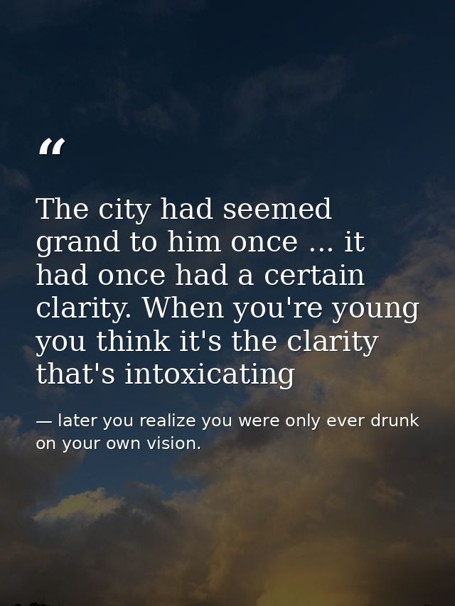 The city had seemed grand to him once ... it had once had a certain clarity. When you're young you think it's the clarit — later you realize you were only ever drunk on your own vision.