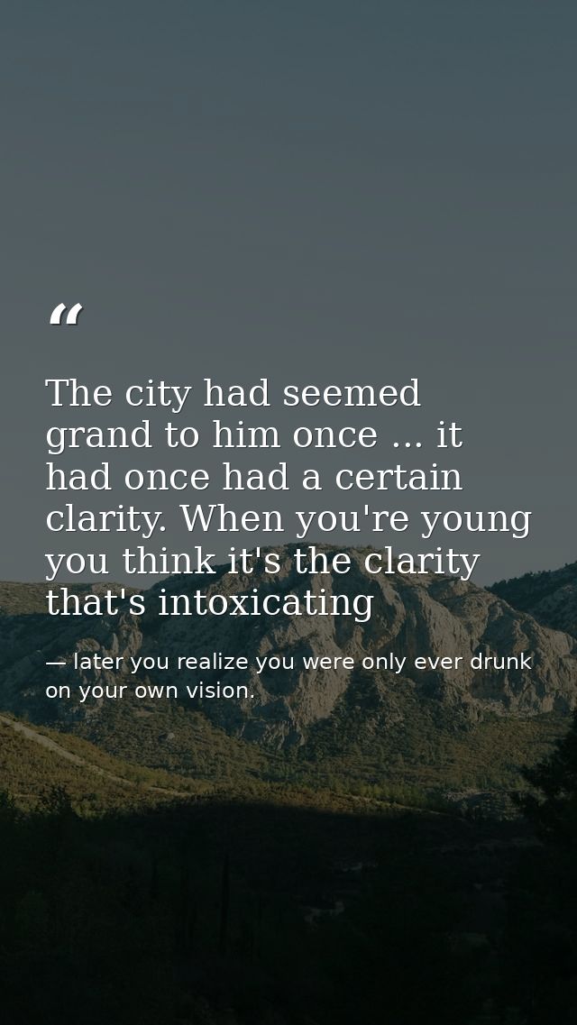 The city had seemed grand to him once ... it had once had a certain clarity. When you're young you think it's the clarit — later you realize you were only ever drunk on your own vision.