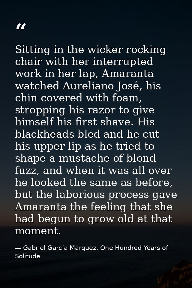 Sitting in the wicker rocking chair with her interrupted work in her lap, Amaranta watched Aureliano José, his chin cove — Gabriel García Márquez, One Hundred Years of Solitude