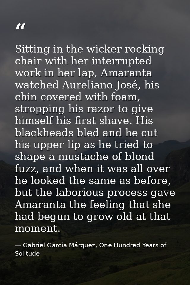 Sitting in the wicker rocking chair with her interrupted work in her lap, Amaranta watched Aureliano José, his chin cove — Gabriel García Márquez, One Hundred Years of Solitude