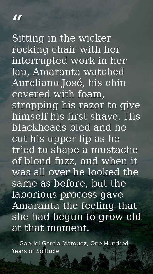 Sitting in the wicker rocking chair with her interrupted work in her lap, Amaranta watched Aureliano José, his chin cove — Gabriel García Márquez, One Hundred Years of Solitude