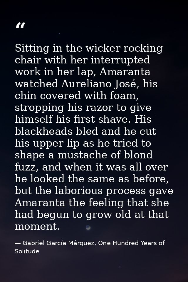 Sitting in the wicker rocking chair with her interrupted work in her lap, Amaranta watched Aureliano José, his chin cove — Gabriel García Márquez, One Hundred Years of Solitude