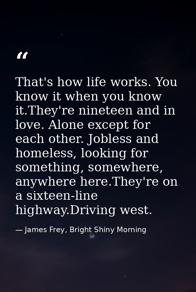 That's how life works. You know it when you know it.They're nineteen and in love. Alone except for each other. Jobless a — James Frey, Bright Shiny Morning