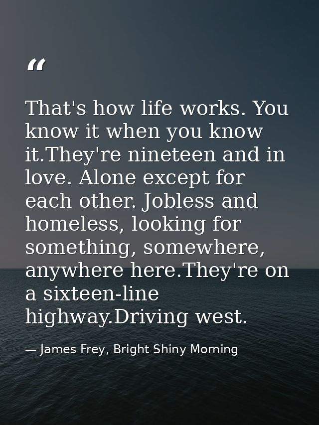 That's how life works. You know it when you know it.They're nineteen and in love. Alone except for each other. Jobless a — James Frey, Bright Shiny Morning