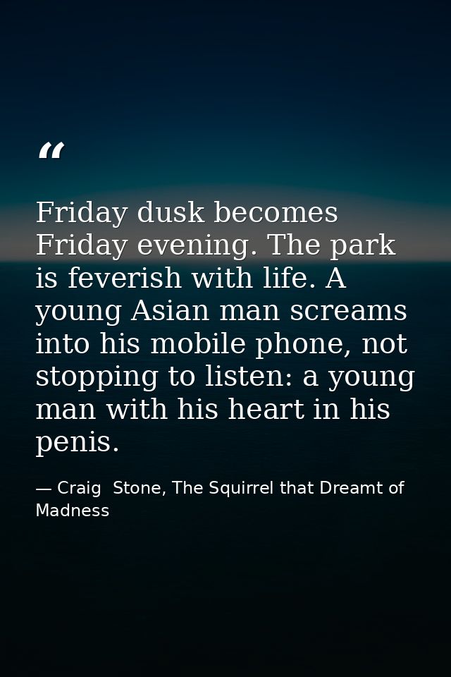Friday dusk becomes Friday evening. The park is feverish with life. A young Asian man screams into his mobile phone, not — Craig  Stone, The Squirrel that Dreamt of Madness