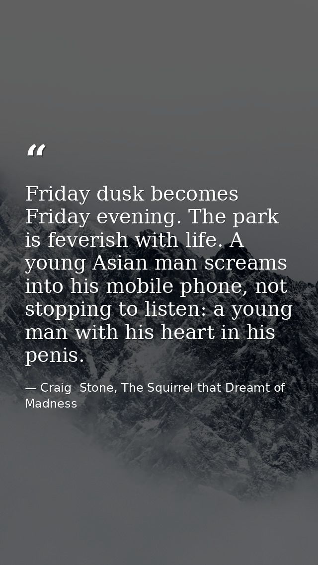 Friday dusk becomes Friday evening. The park is feverish with life. A young Asian man screams into his mobile phone, not — Craig  Stone, The Squirrel that Dreamt of Madness