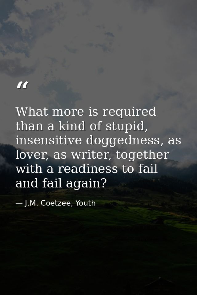 What more is required than a kind of stupid, insensitive doggedness, as lover, as writer, together with a readiness to f — J.M. Coetzee, Youth