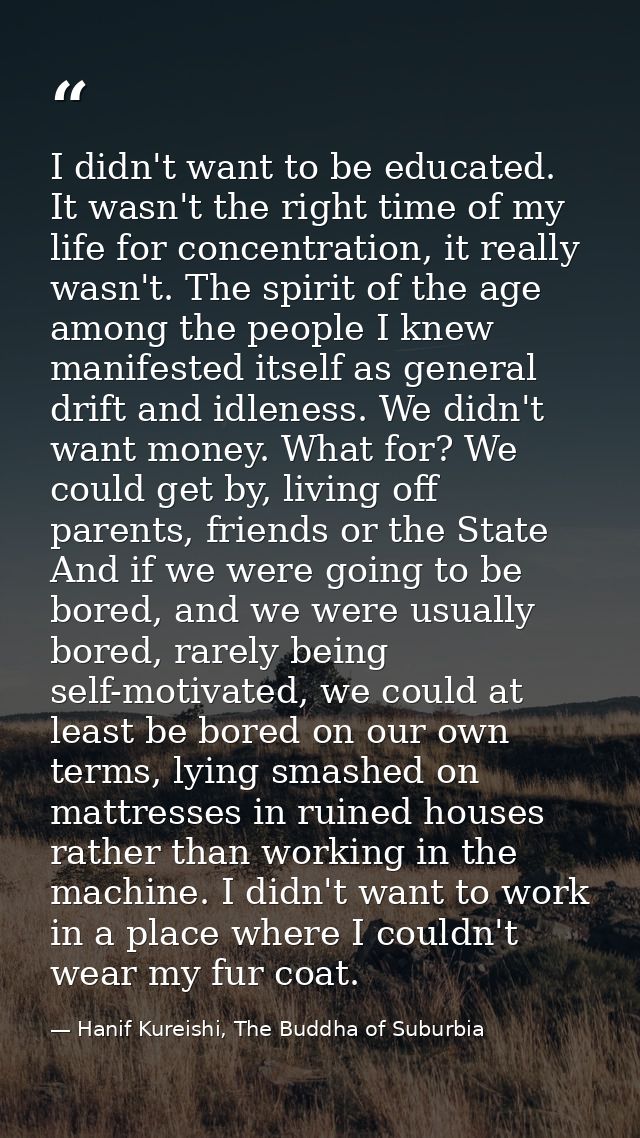 I didn't want to be educated. It wasn't the right time of my life for concentration, it really wasn't. The spirit of the — Hanif Kureishi, The Buddha of Suburbia