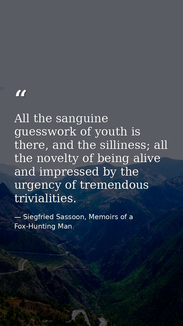 All the sanguine guesswork of youth is there, and the silliness; all the novelty of being alive and impressed by the urg — Siegfried Sassoon, Memoirs of a Fox-Hunting Man