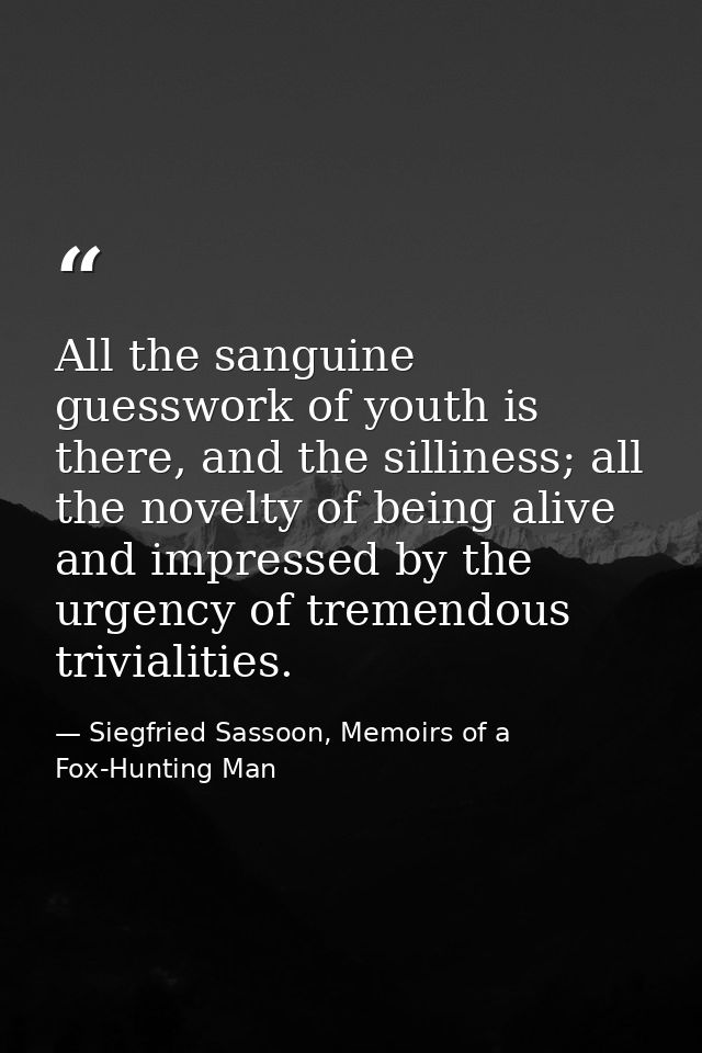 All the sanguine guesswork of youth is there, and the silliness; all the novelty of being alive and impressed by the urg — Siegfried Sassoon, Memoirs of a Fox-Hunting Man