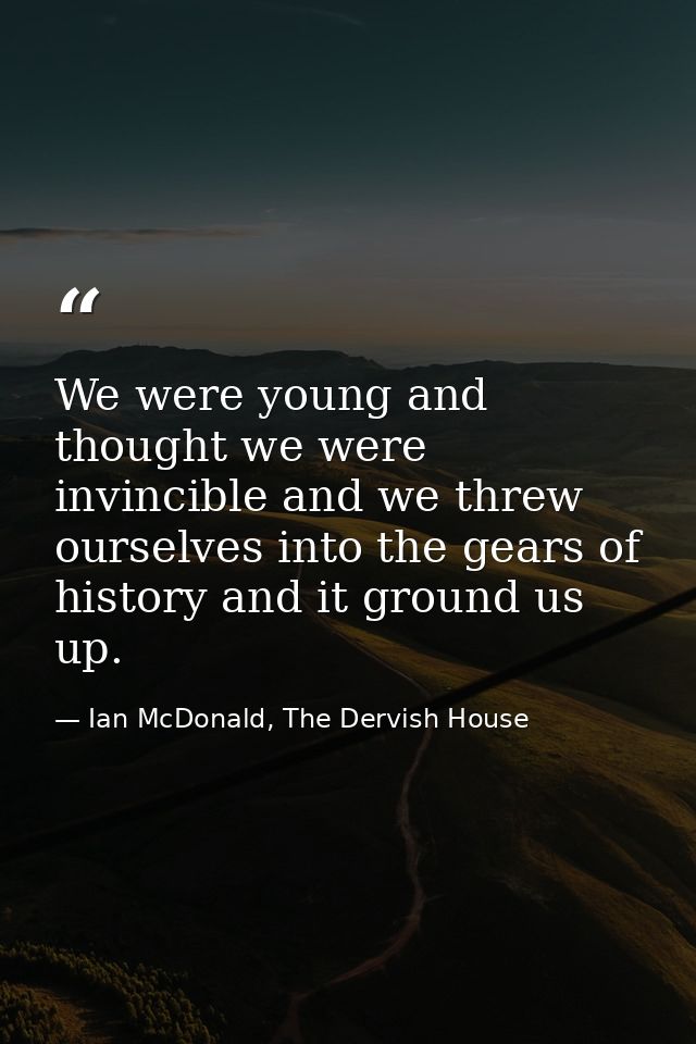 We were young and thought we were invincible and we threw ourselves into the gears of history and it ground us up. — Ian McDonald, The Dervish House