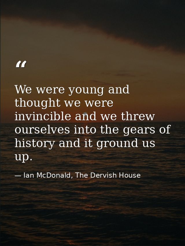 We were young and thought we were invincible and we threw ourselves into the gears of history and it ground us up. — Ian McDonald, The Dervish House