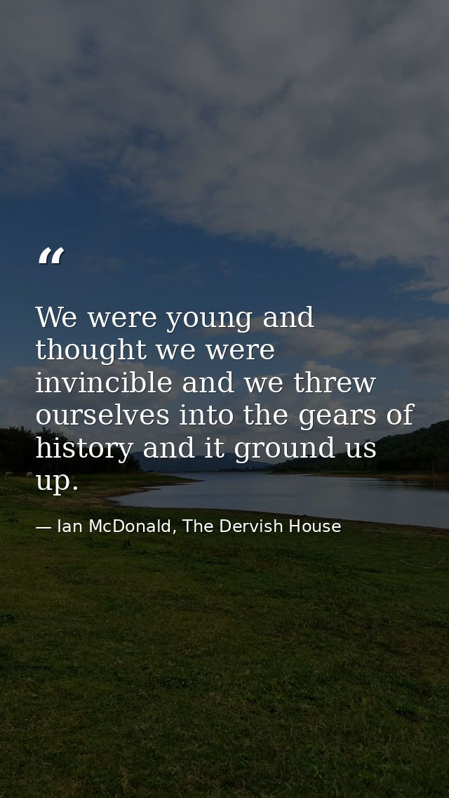 We were young and thought we were invincible and we threw ourselves into the gears of history and it ground us up. — Ian McDonald, The Dervish House