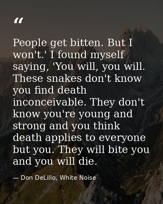 People get bitten. But I won't.' I found myself saying, 'You will, you will. These snakes don't know you find death inco — Don DeLillo, White Noise