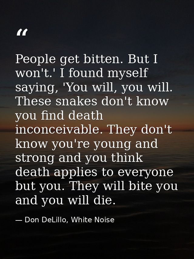 People get bitten. But I won't.' I found myself saying, 'You will, you will. These snakes don't know you find death inco — Don DeLillo, White Noise