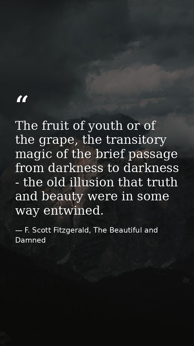 The fruit of youth or of the grape, the transitory magic of the brief passage from darkness to darkness - the old illusi — F. Scott Fitzgerald, The Beautiful and Damned
