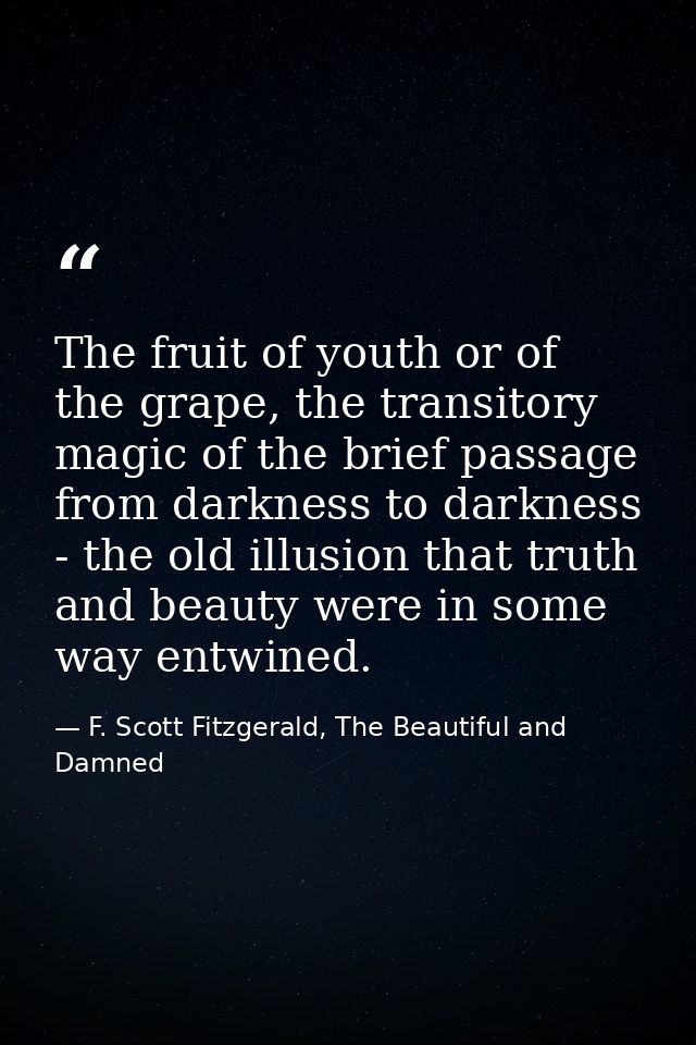 The fruit of youth or of the grape, the transitory magic of the brief passage from darkness to darkness - the old illusi — F. Scott Fitzgerald, The Beautiful and Damned