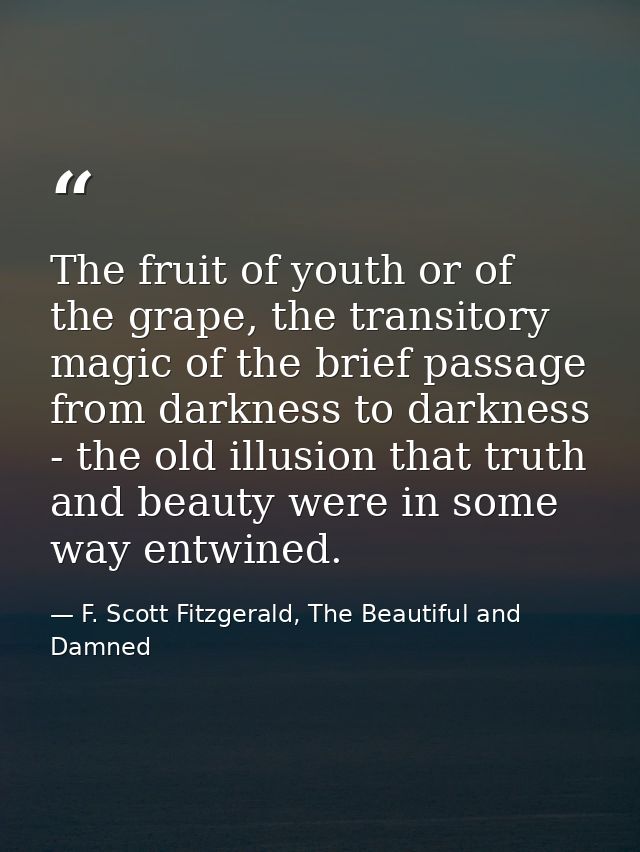 The fruit of youth or of the grape, the transitory magic of the brief passage from darkness to darkness - the old illusi — F. Scott Fitzgerald, The Beautiful and Damned