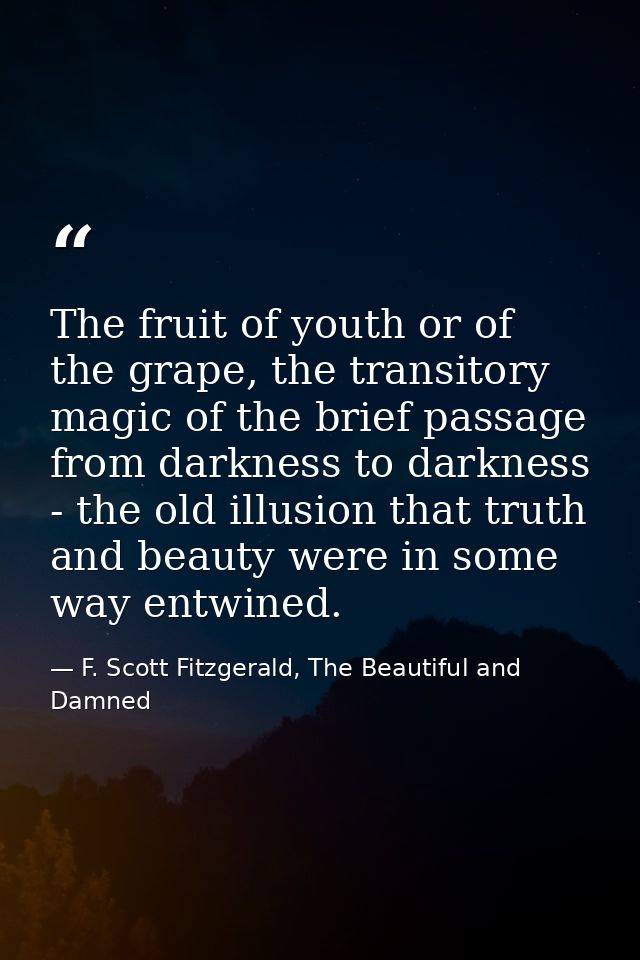 The fruit of youth or of the grape, the transitory magic of the brief passage from darkness to darkness - the old illusi — F. Scott Fitzgerald, The Beautiful and Damned