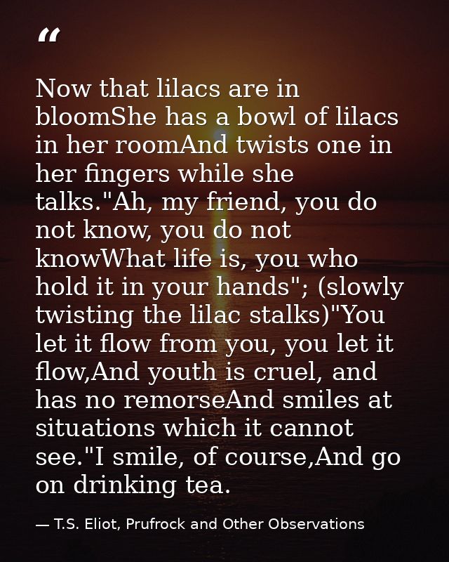 Now that lilacs are in bloomShe has a bowl of lilacs in her roomAnd twists one in her fingers while she talks."Ah, my fr — T.S. Eliot, Prufrock and Other Observations