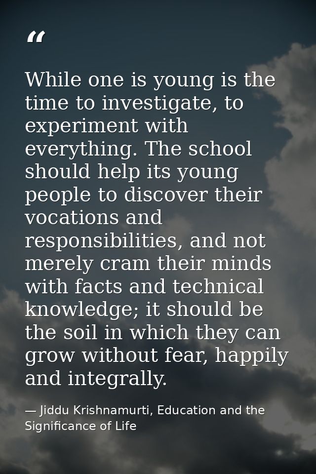 While one is young is the time to investigate, to experiment with everything. The school should help its young people to — Jiddu Krishnamurti, Education and the Significance of Life