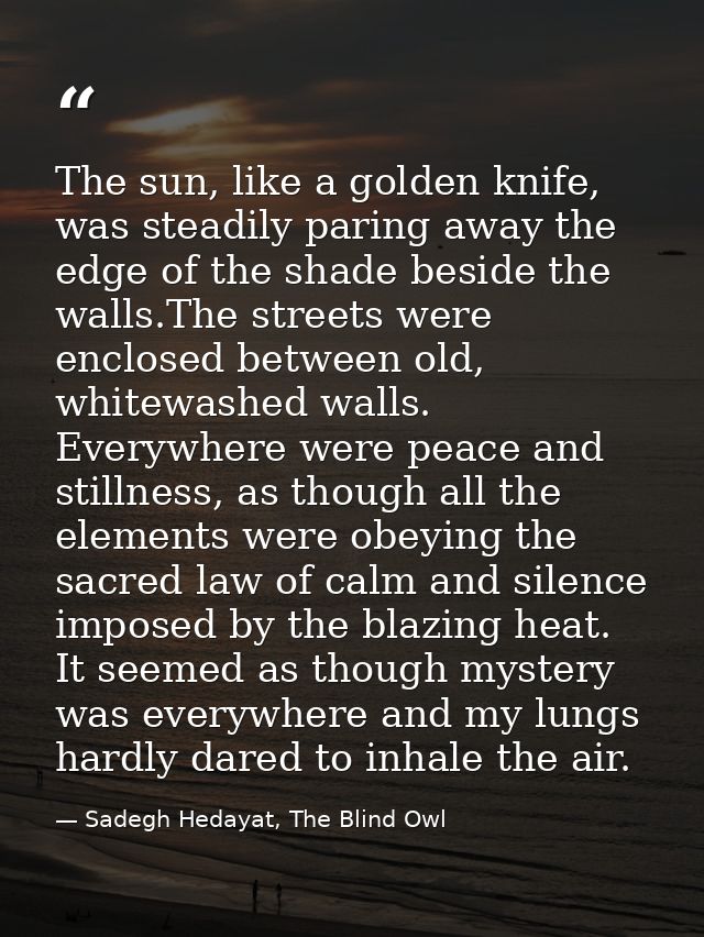 The sun, like a golden knife, was steadily paring away the edge of the shade beside the walls.The streets were enclosed  — Sadegh Hedayat, The Blind Owl