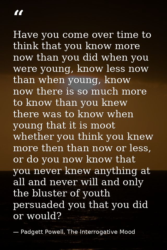Have you come over time to think that you know more now than you did when you were young, know less now than when young, — Padgett Powell, The Interrogative Mood