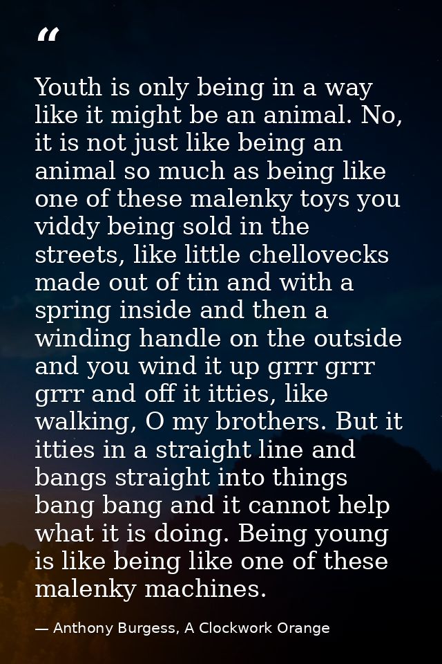 Youth is only being in a way like it might be an animal. No, it is not just like being an animal so much as being like o — Anthony Burgess, A Clockwork Orange