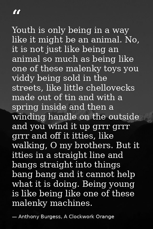 Youth is only being in a way like it might be an animal. No, it is not just like being an animal so much as being like o — Anthony Burgess, A Clockwork Orange