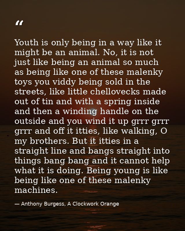 Youth is only being in a way like it might be an animal. No, it is not just like being an animal so much as being like o — Anthony Burgess, A Clockwork Orange