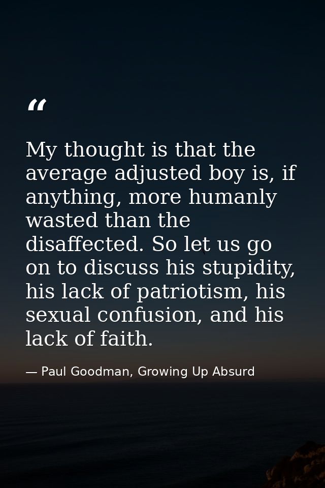 My thought is that the average adjusted boy is, if anything, more humanly wasted than the disaffected. So let us go on t — Paul Goodman, Growing Up Absurd
