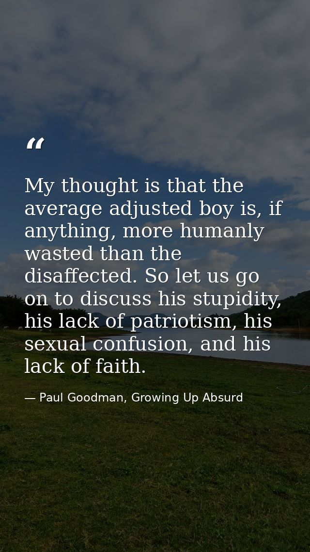 My thought is that the average adjusted boy is, if anything, more humanly wasted than the disaffected. So let us go on t — Paul Goodman, Growing Up Absurd