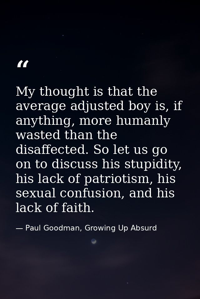 My thought is that the average adjusted boy is, if anything, more humanly wasted than the disaffected. So let us go on t — Paul Goodman, Growing Up Absurd