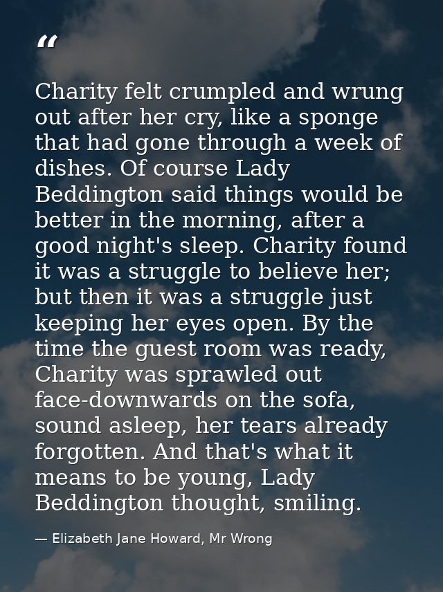 Charity felt crumpled and wrung out after her cry, like a sponge that had gone through a week of dishes. Of course Lady  — Elizabeth Jane Howard, Mr Wrong