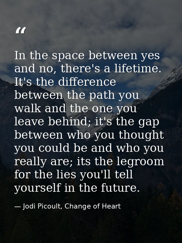 In the space between yes and no, there's a lifetime. It's the difference between the path you walk and the one you leave — Jodi Picoult, Change of Heart
